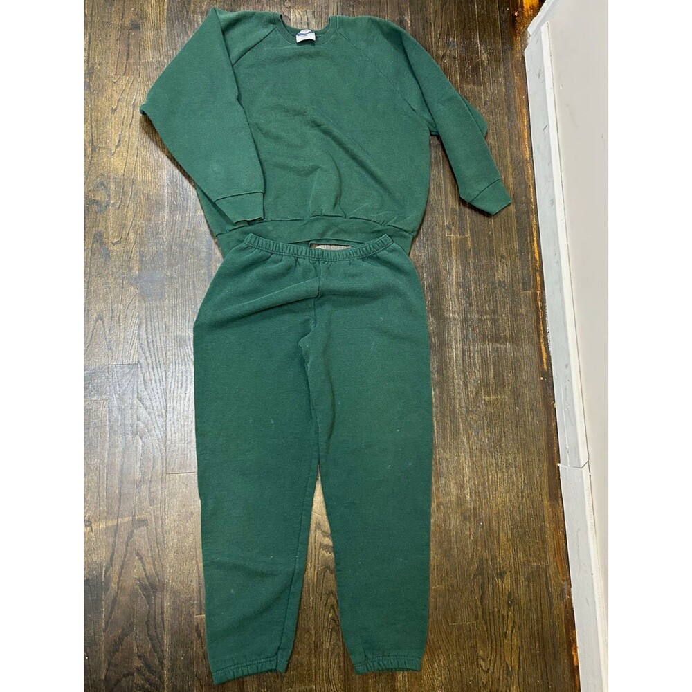 Vintage 90s Green Fleece Sweatsuit Set XL Crew Neck M Elastic Waist Pants